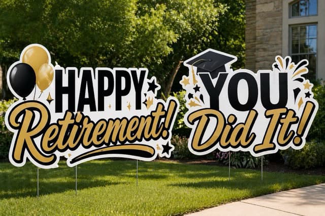 Retirement party yard sign with "Happy Retirement! You Did It!" message and graduation cap.